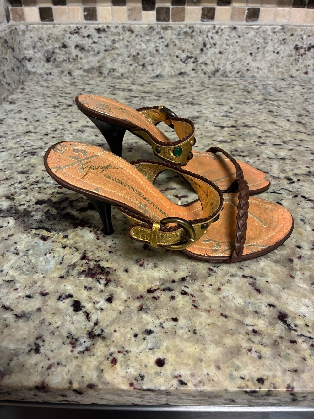 Giuseppe Zanotti Gold and Brown Braided Strap Heeled Sandals